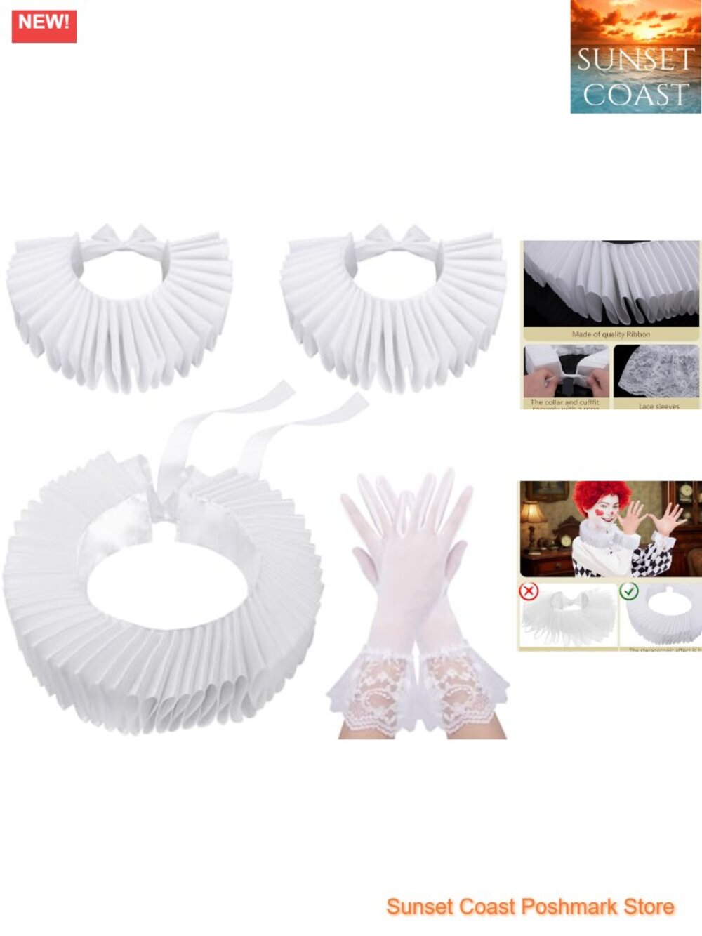 Renaissance Collar Cuff Set Lace Gloves Clown Ruff Medieval Cosplay